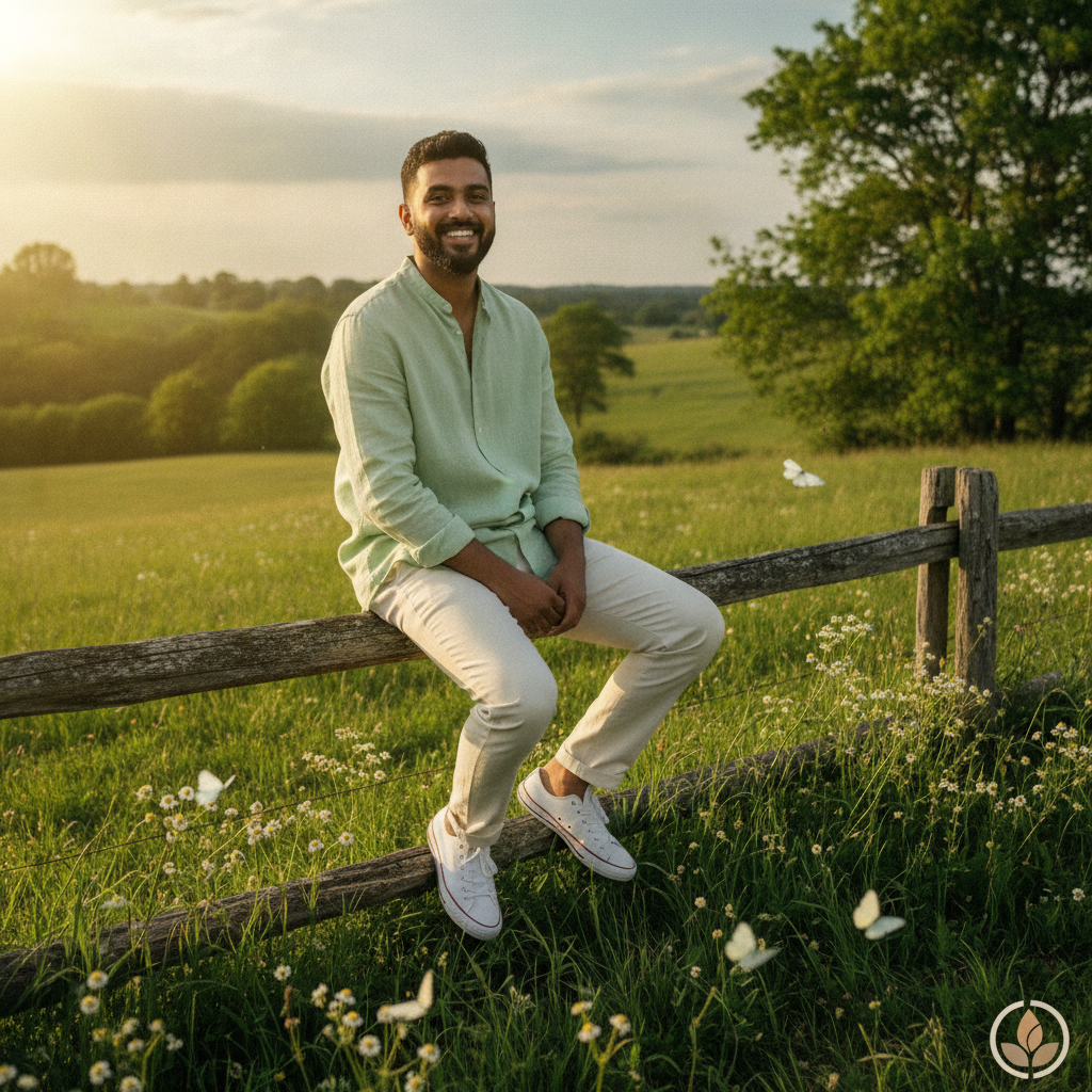 Man Enjoys Sunset in Idyllic Rural Landscape Prompt