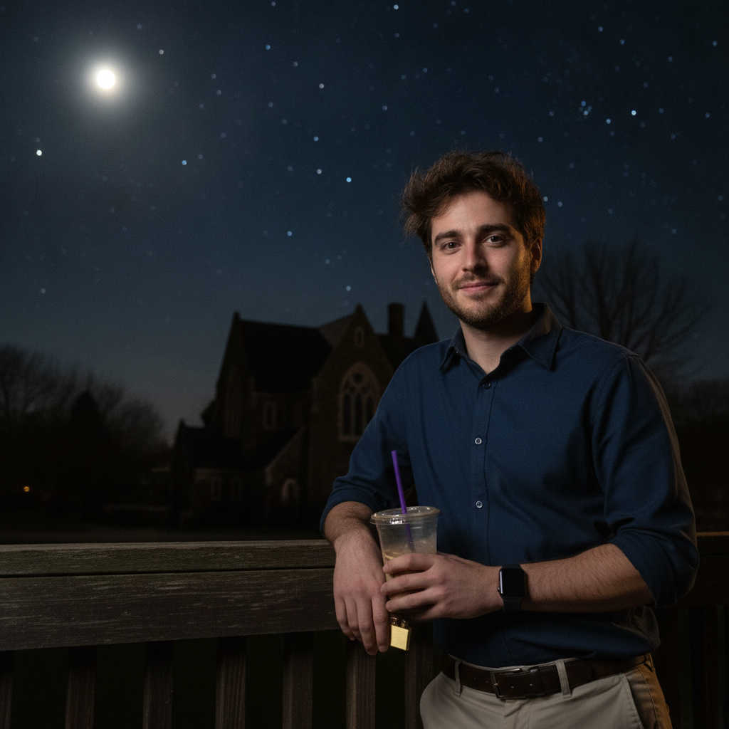 Young Man with Coffee Under Starry Night Sky Prompt