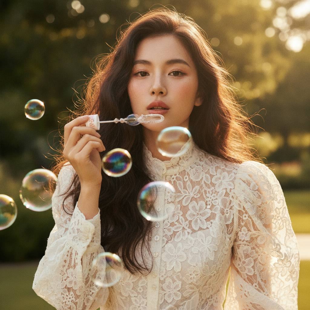Cinematic Portrait of East Asian Woman with Soap Bubbles Prompt
