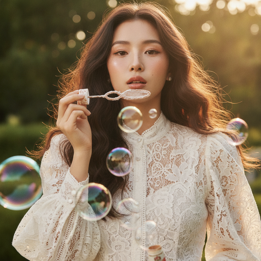 Cinematic Portrait of East Asian Woman with Soap Bubbles Prompt