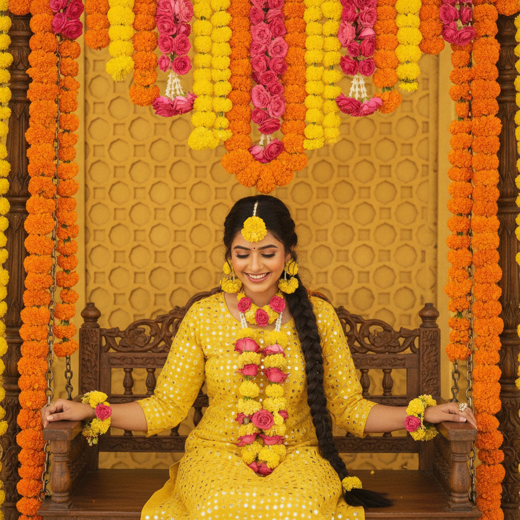 Beautiful Indian Woman in Yellow on Festive Floral Swing Prompt