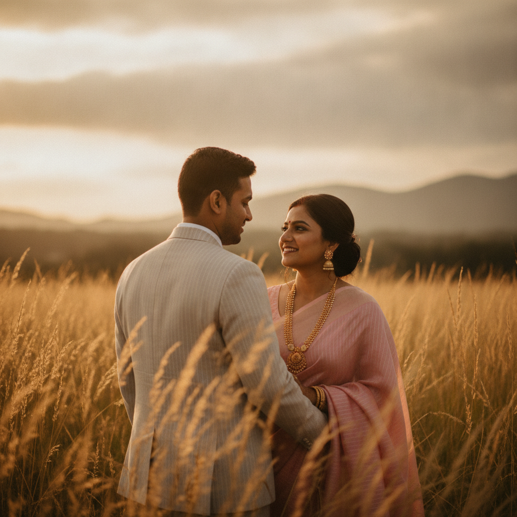 Romantic Indian Couple Golden Hour Engagement Prompt