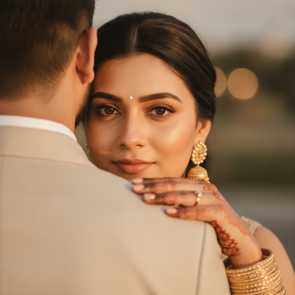 Intimate Indian Bride's Gaze Over Shoulder Prompt