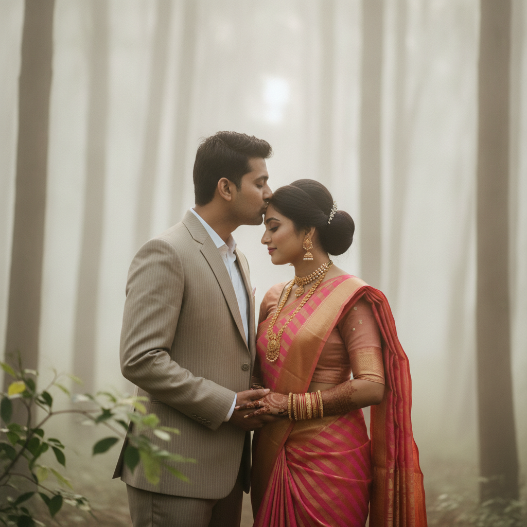 Indian Couple's Romantic Kiss in Misty Forest Prompt