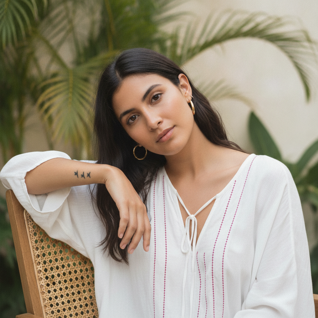 Thoughtful Woman in White Top with Greenery Prompt