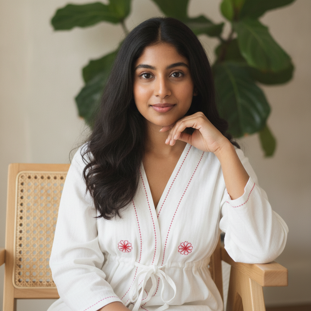 Young Woman In White Embroidered Top Sitting Calmly Prompt