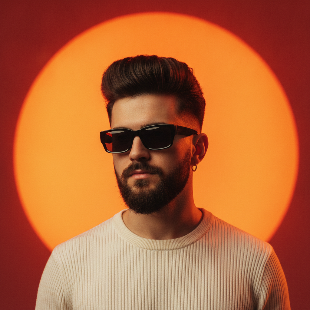 Modern Portrait Stylish Man Sunglasses Orange Background Prompt