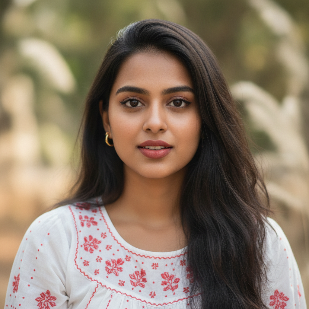 Portrait of Young Woman in Embroidered White Top Prompt