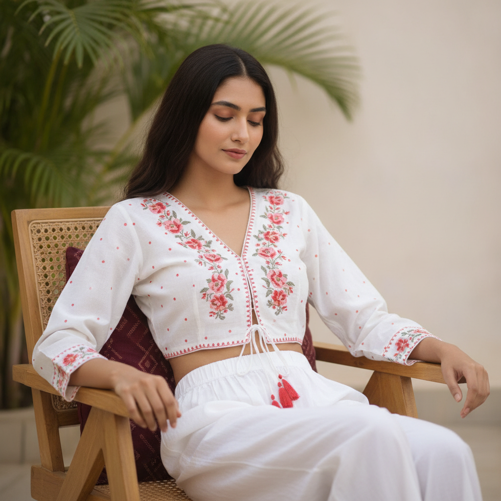 Serene Woman in Embroidered White Outfit Prompt