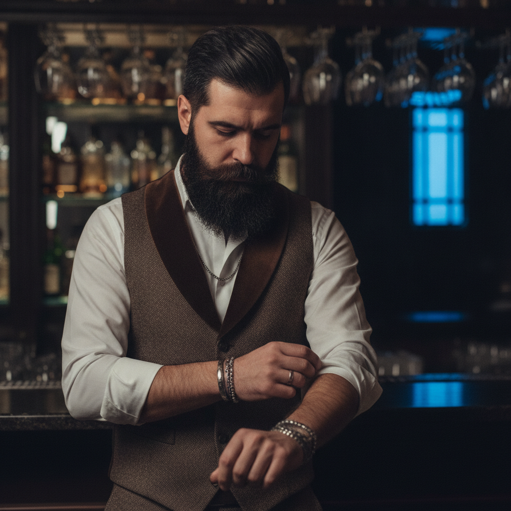 Stylish Man Rolling Sleeve in Bar Setting Prompt