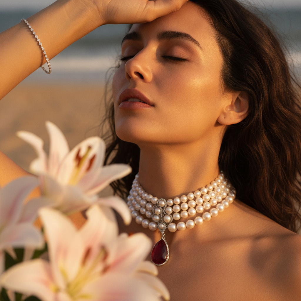 Woman Sun Kissed Serenity Pearl Necklace Beach Portrait Prompt