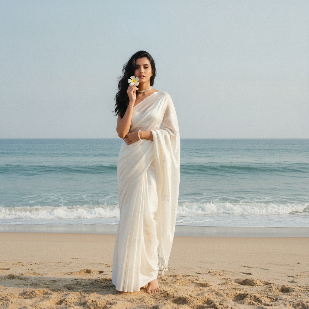 Woman In White Saree On Beach With Flower Prompt
