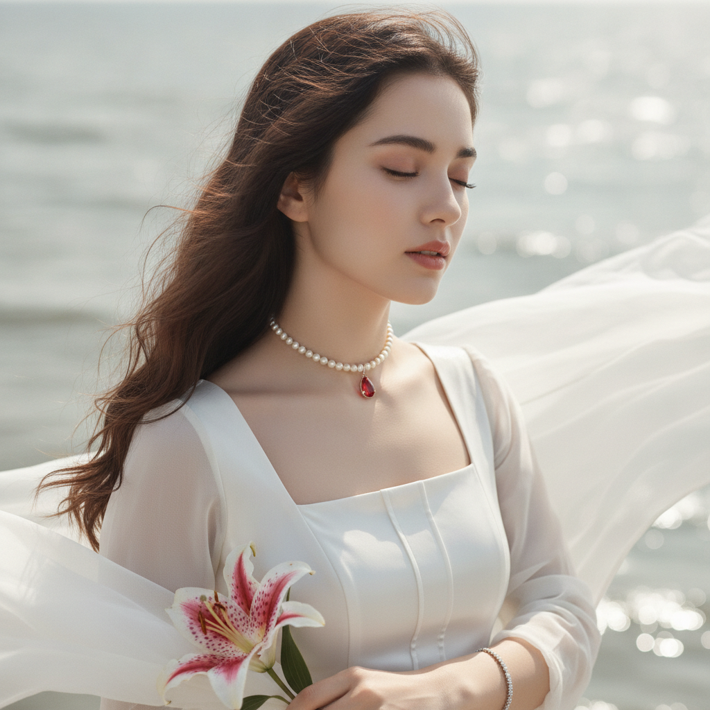 Serene Portrait of Woman with Jewelry and Lily on Beach Prompt