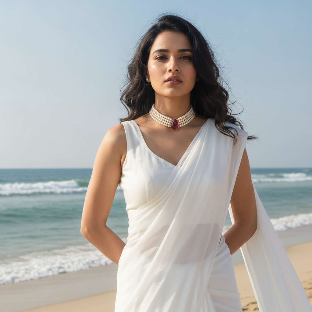 Elegant Woman in White Saree on Beach with Pearl Necklace Prompt