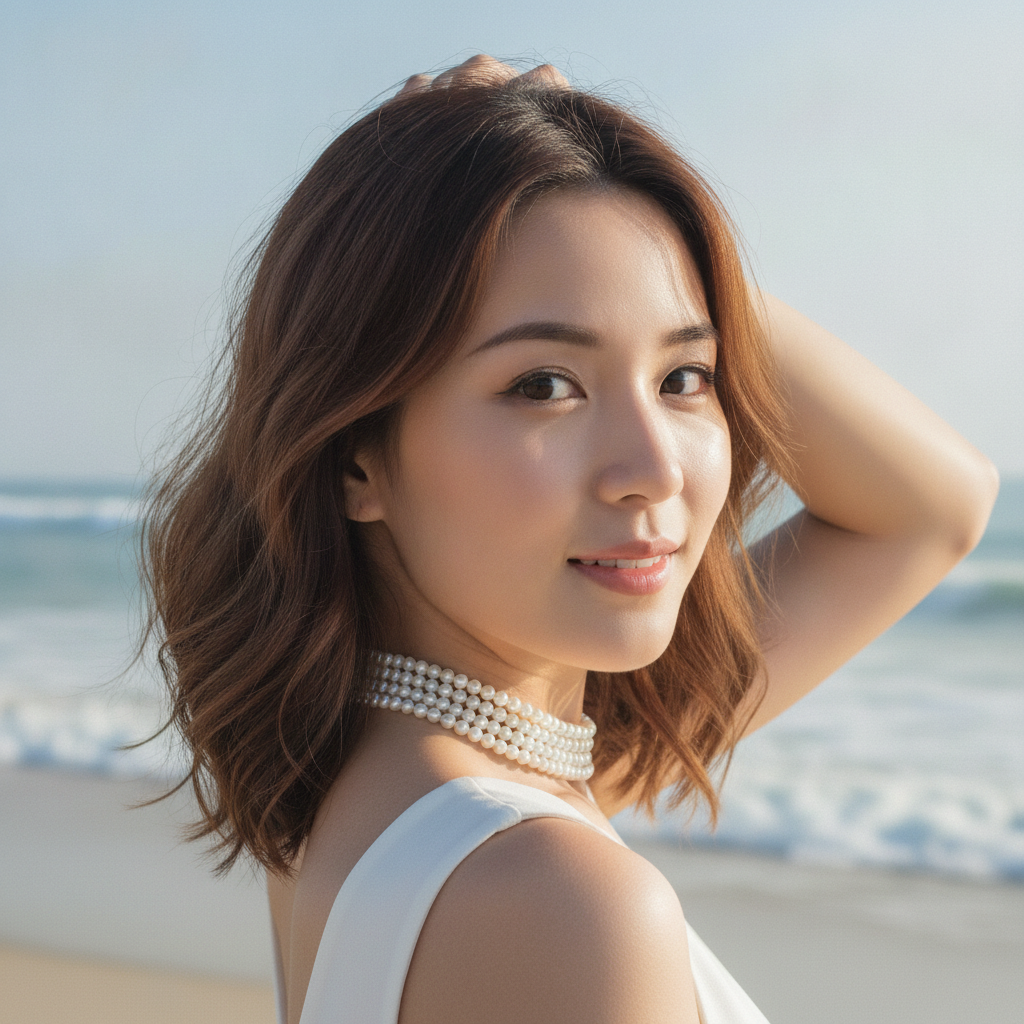 Elegant Woman Wearing Pearls Posing on Beach Prompt