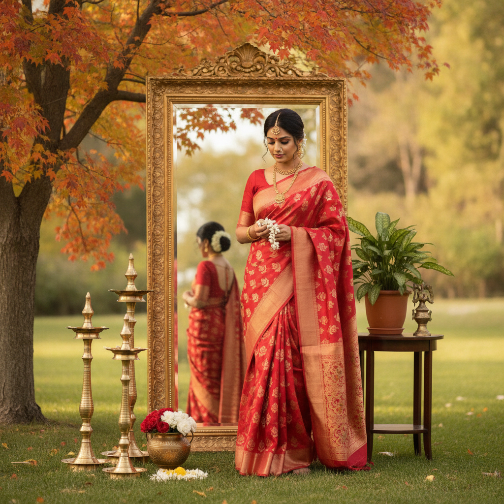 Elegant Woman In Red Saree With Traditional Decor Outdoors Prompt