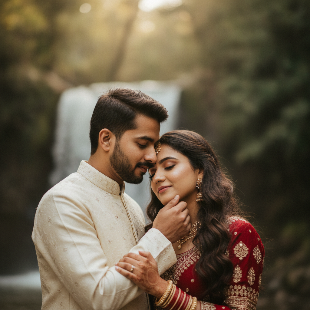 Tender Embrace of Loving Couple by Waterfall Prompt