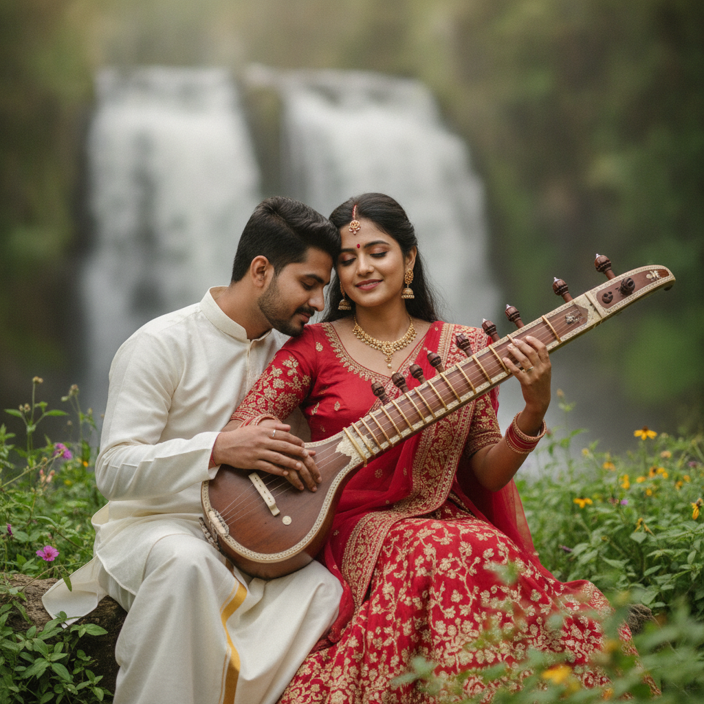 Indian Couple Plays Veena by Waterfall Prompt