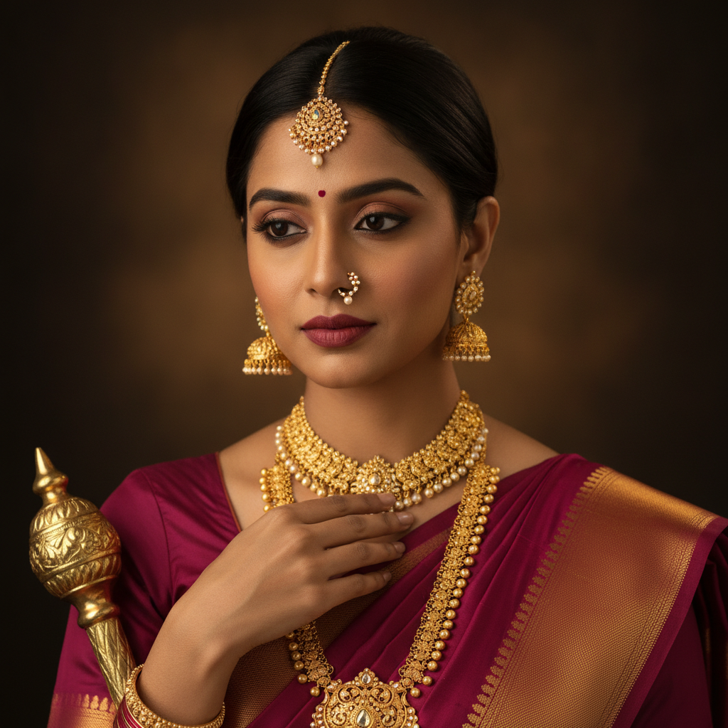 Regal Indian Woman Adorned in Gold Traditional Jewelry Prompt