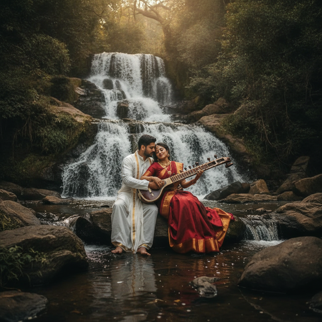 Couple Playing Veena by Waterfall Prompt