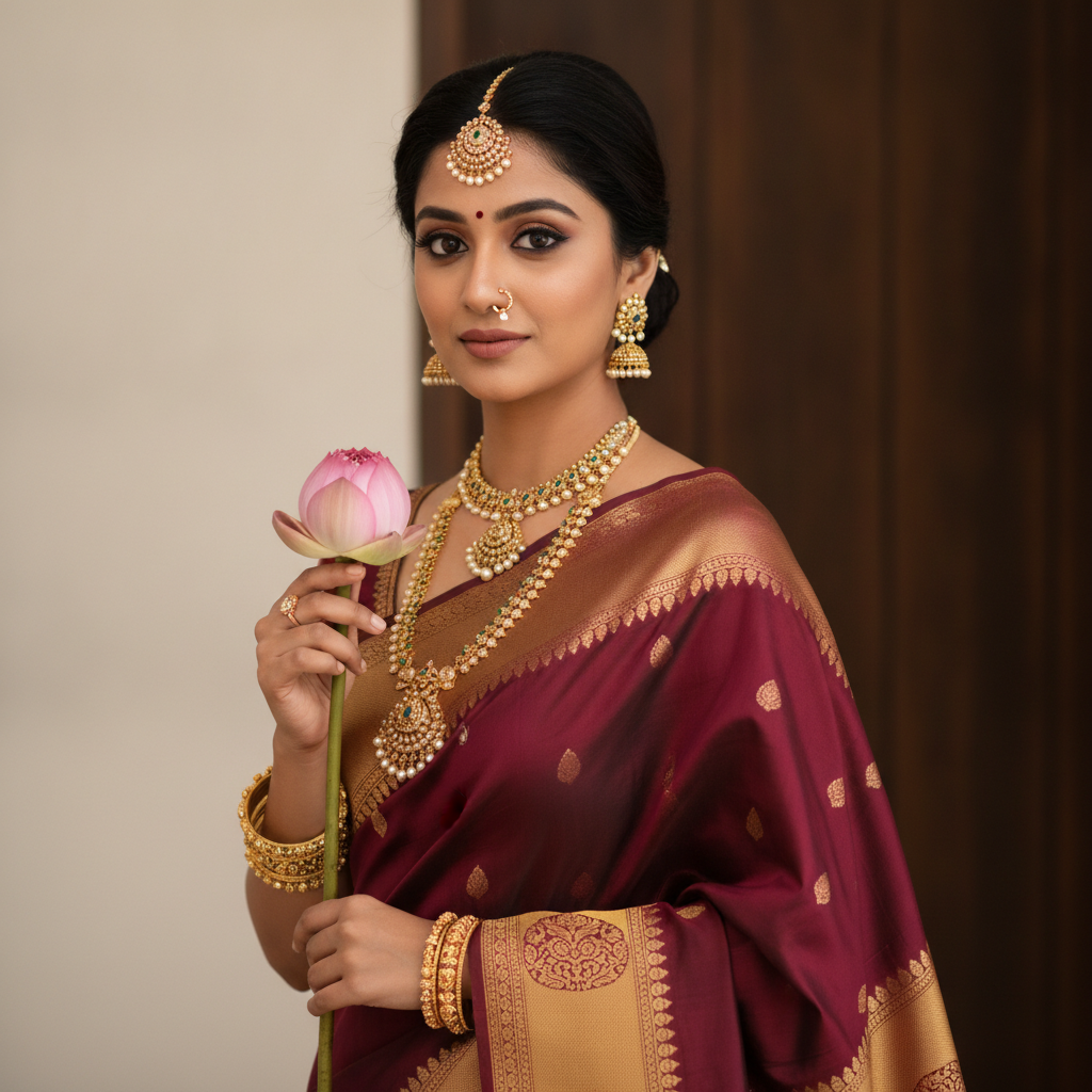 Elegant Indian Woman in Traditional Saree and Gold Jewelry Prompt