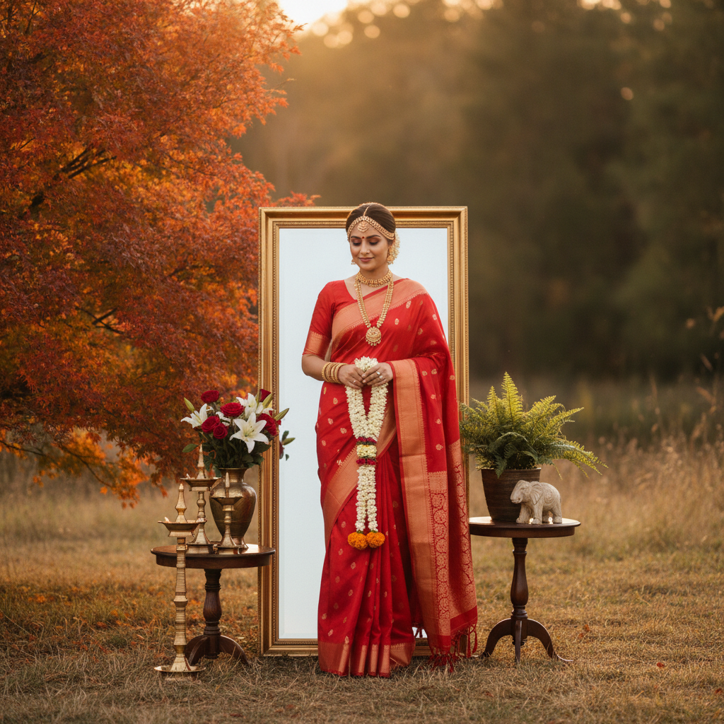 Elegant Woman in Red Saree Outdoor Portrait Prompt