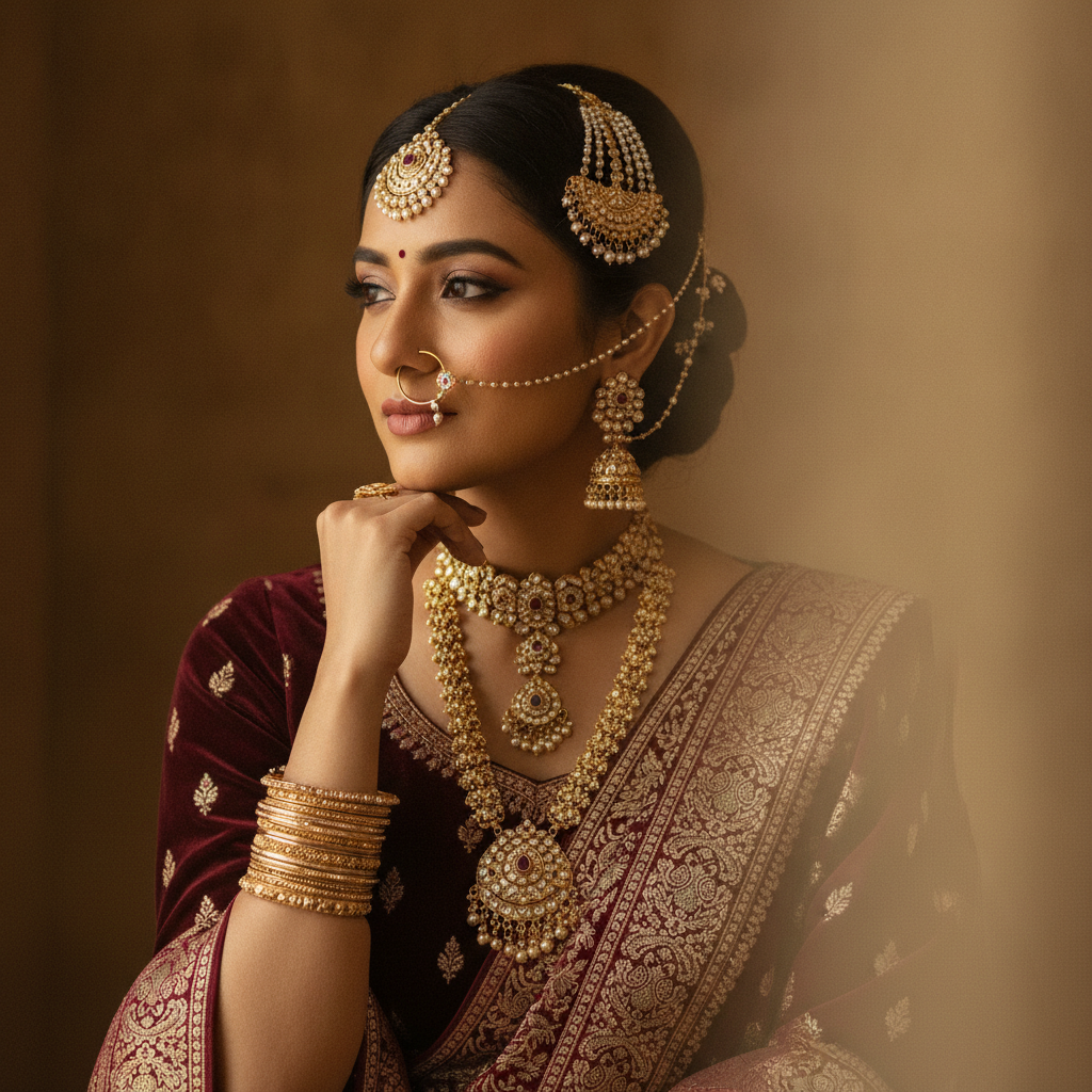 Elegant South Indian Bride in Traditional Maroon Gold Attire Prompt