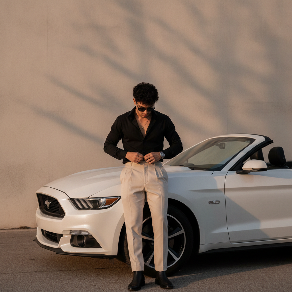 Stylish Man Posing With White Mustang Prompt