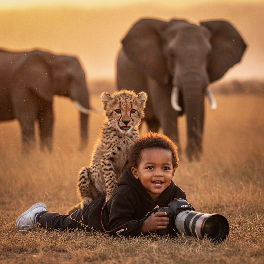 Little Photographer with Cheetah Cub and Elephants at Golden Hour Prompt