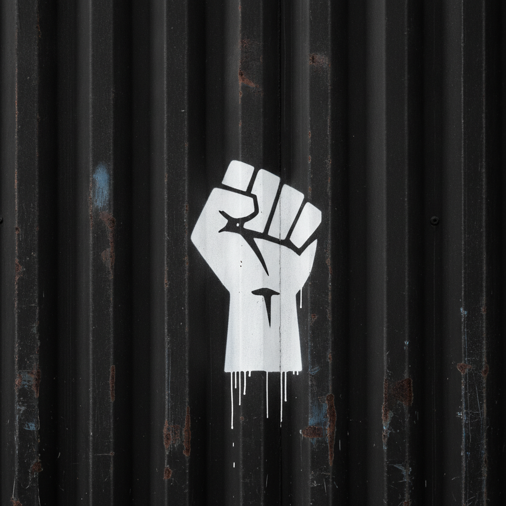 Powerful White Fist Graffiti on Black Corrugated Metal Prompt