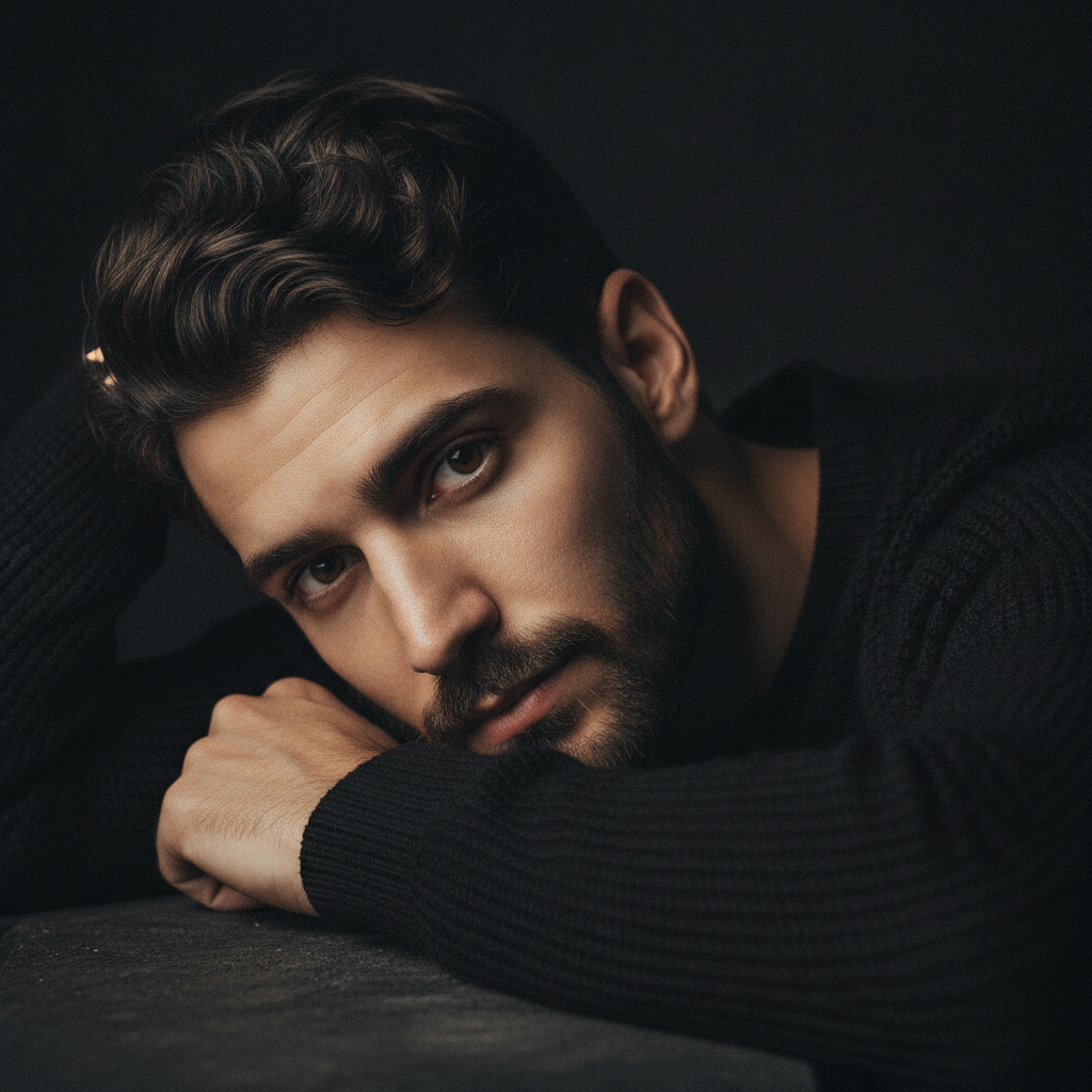 Intense Low Key Portrait Young Man Black Sweater Prompt