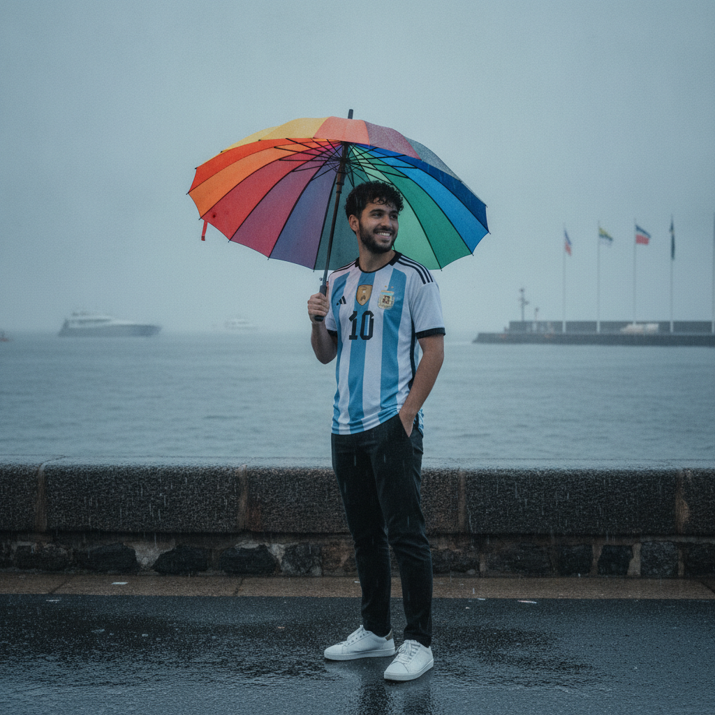 Smiling Man in Argentina Jersey with Colorful Umbrella Rain Prompt