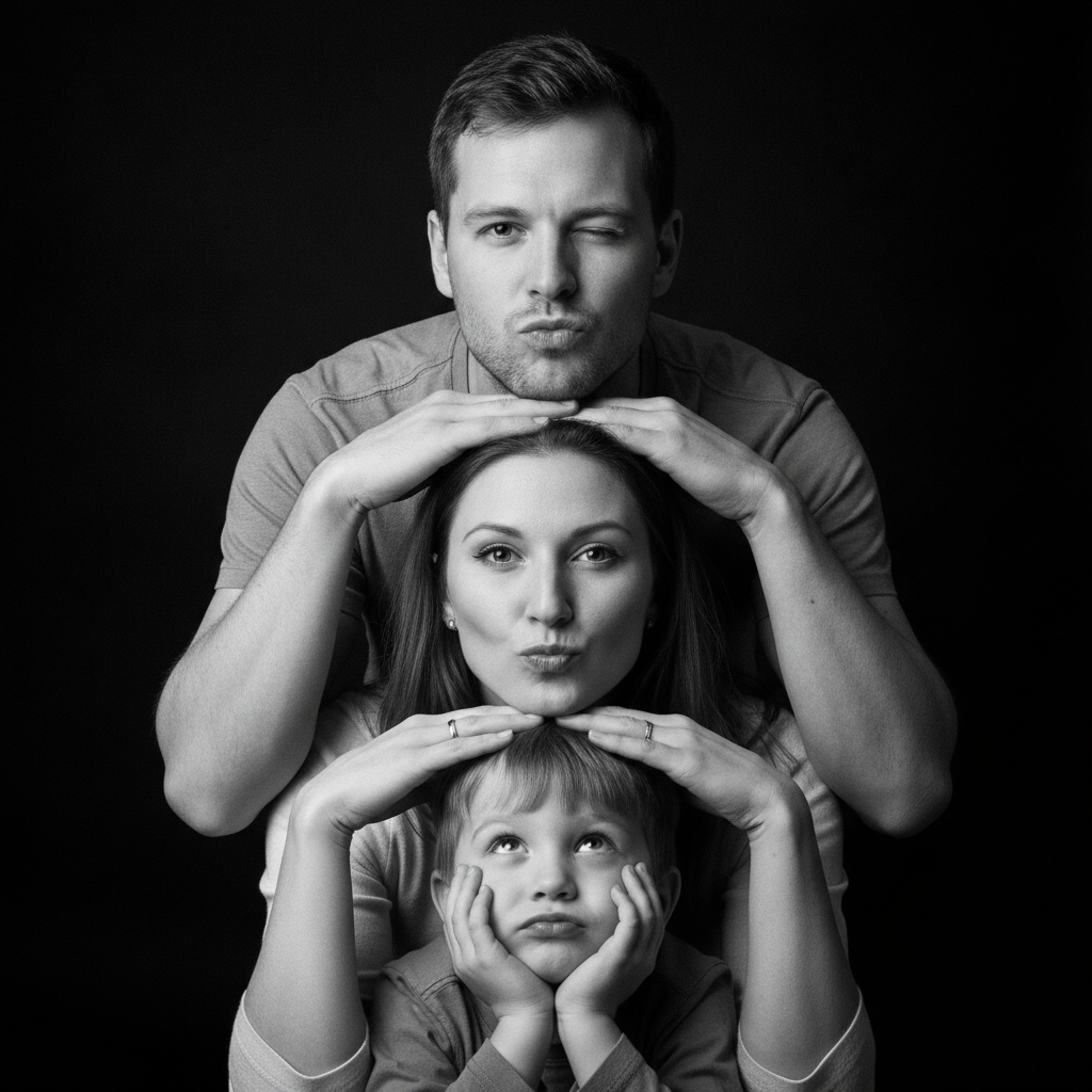 Playful Black And White Family Stacked Portrait Prompt