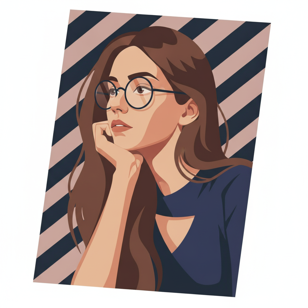 Thoughtful Woman with Glasses Vector Art Portrait Prompt