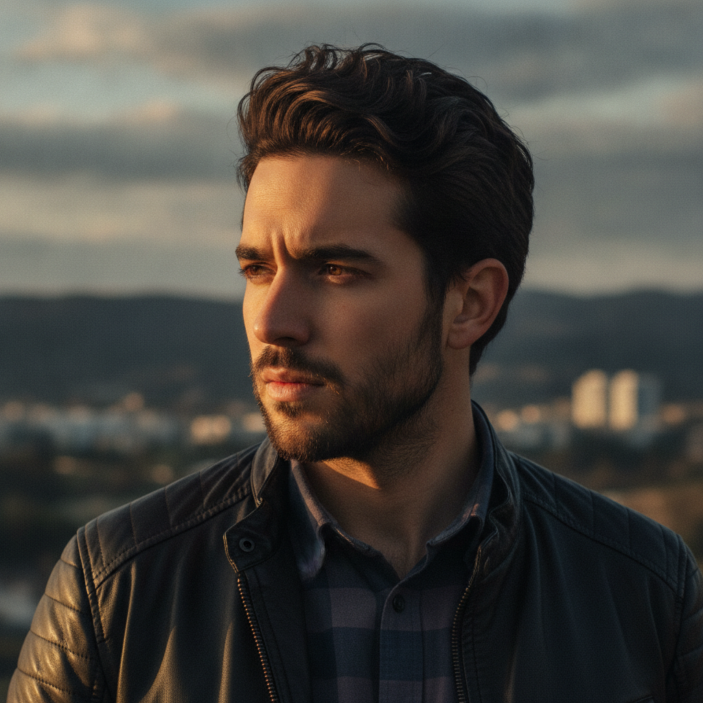 Contemplative Man in Leather Jacket Golden Hour Light Prompt