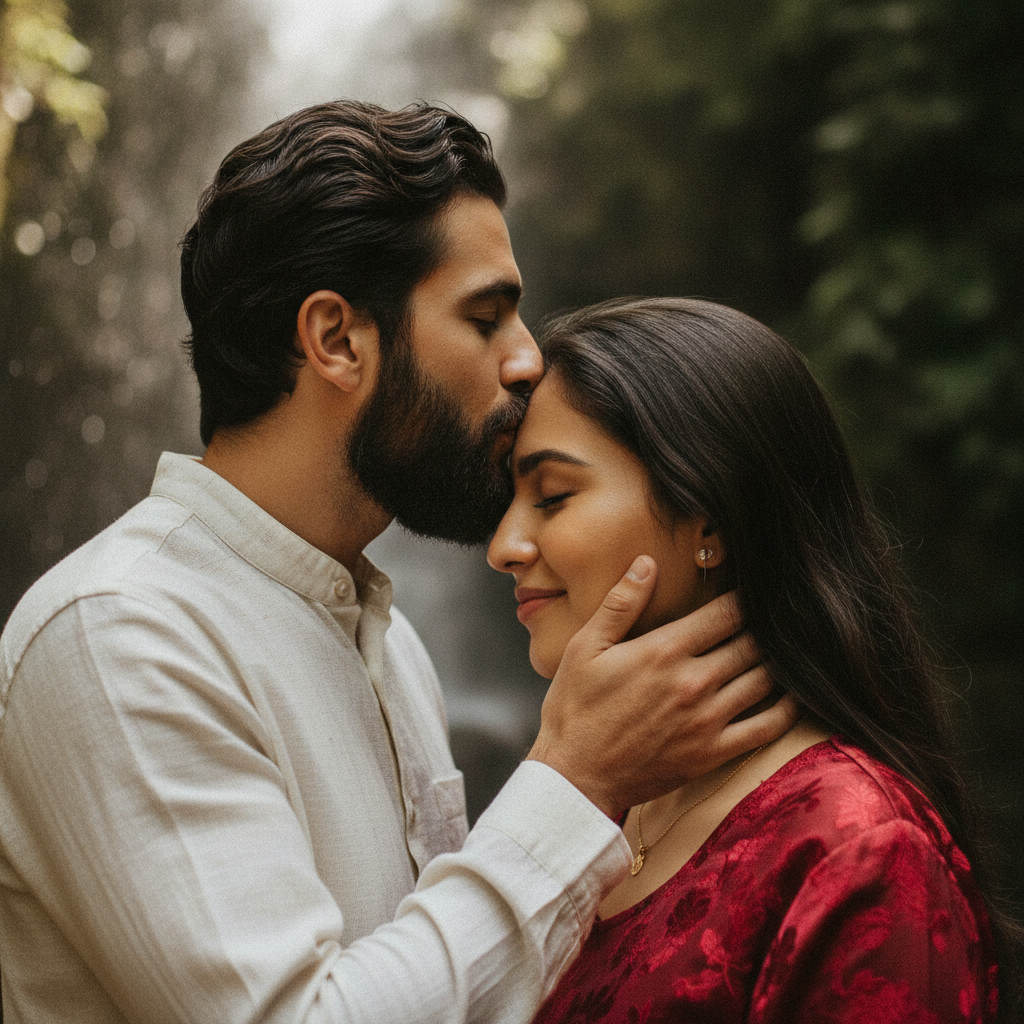 Tender Moment Between Loving Couple Outdoor Portrait Prompt