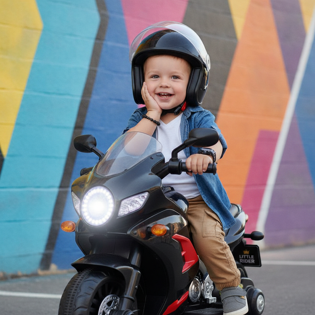 Happy Boy Smiling on Toy Motorcycle Prompt