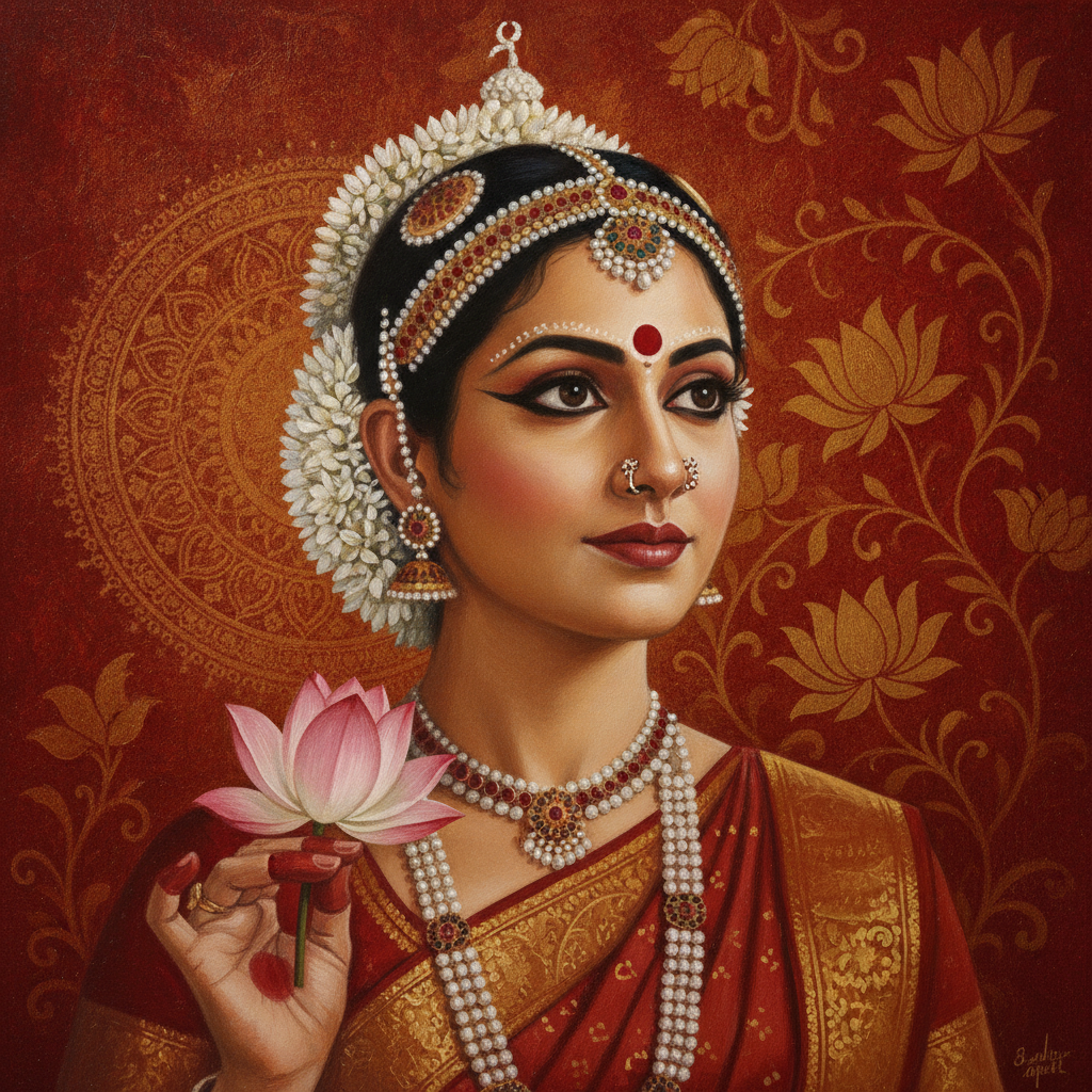 Graceful Indian Dancer Adorned With Jewelry And Lotus Prompt