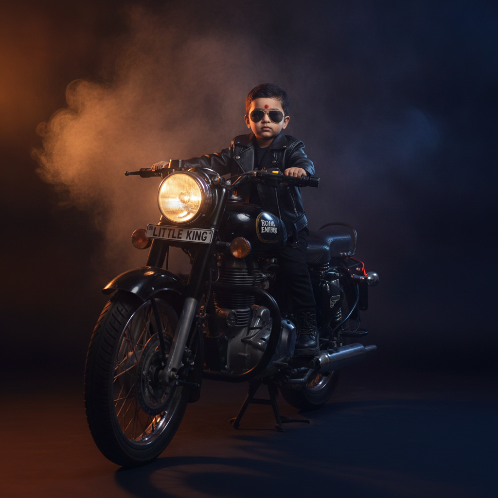 Little King On Royal Enfield Motorcycle With Sunglasses Prompt