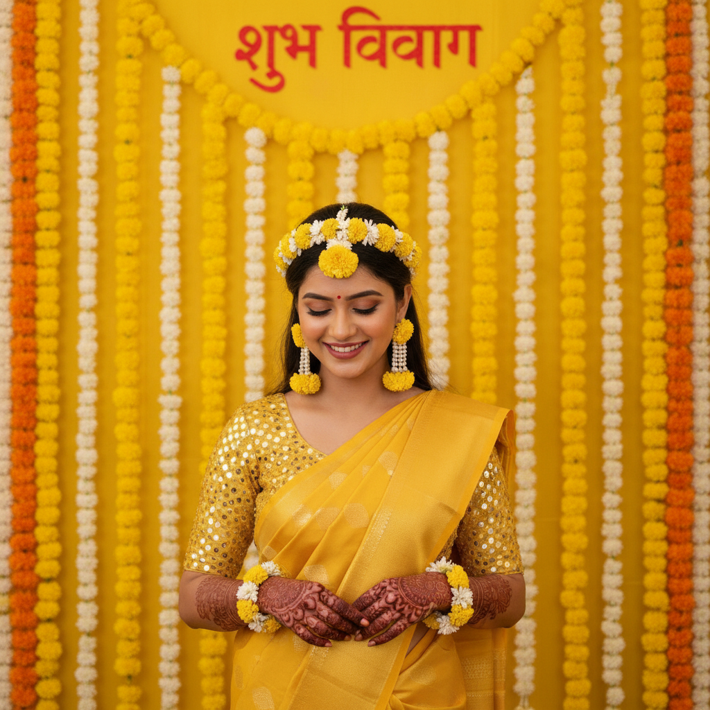Joyful Woman in Yellow Saree and Floral Jewelry for Haldi Prompt