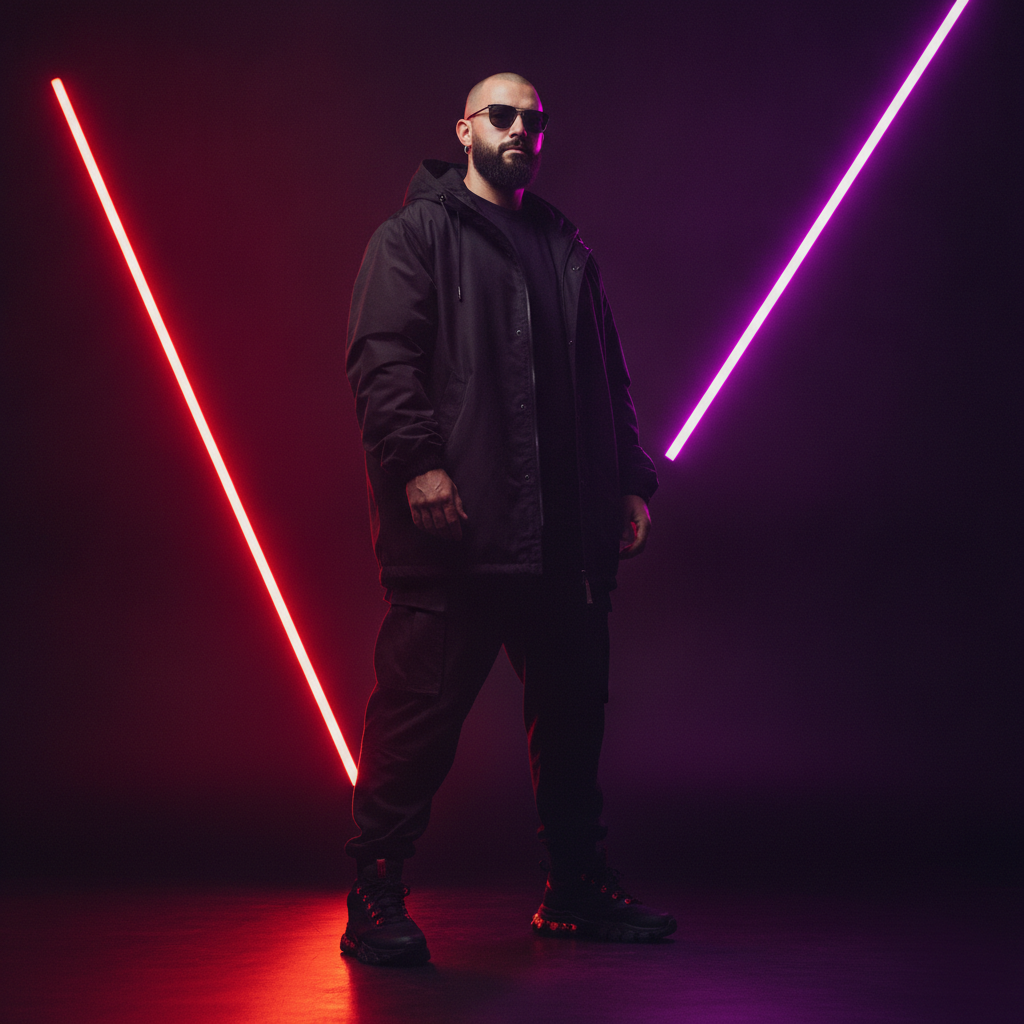 Edgy Man in Streetwear Under Neon Glow Prompt