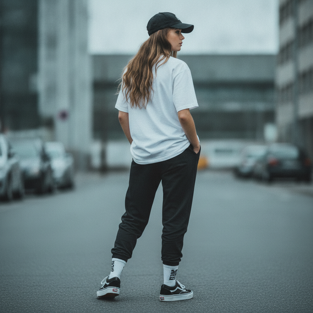 Stylish Young Woman in Streetwear on Urban Street Prompt