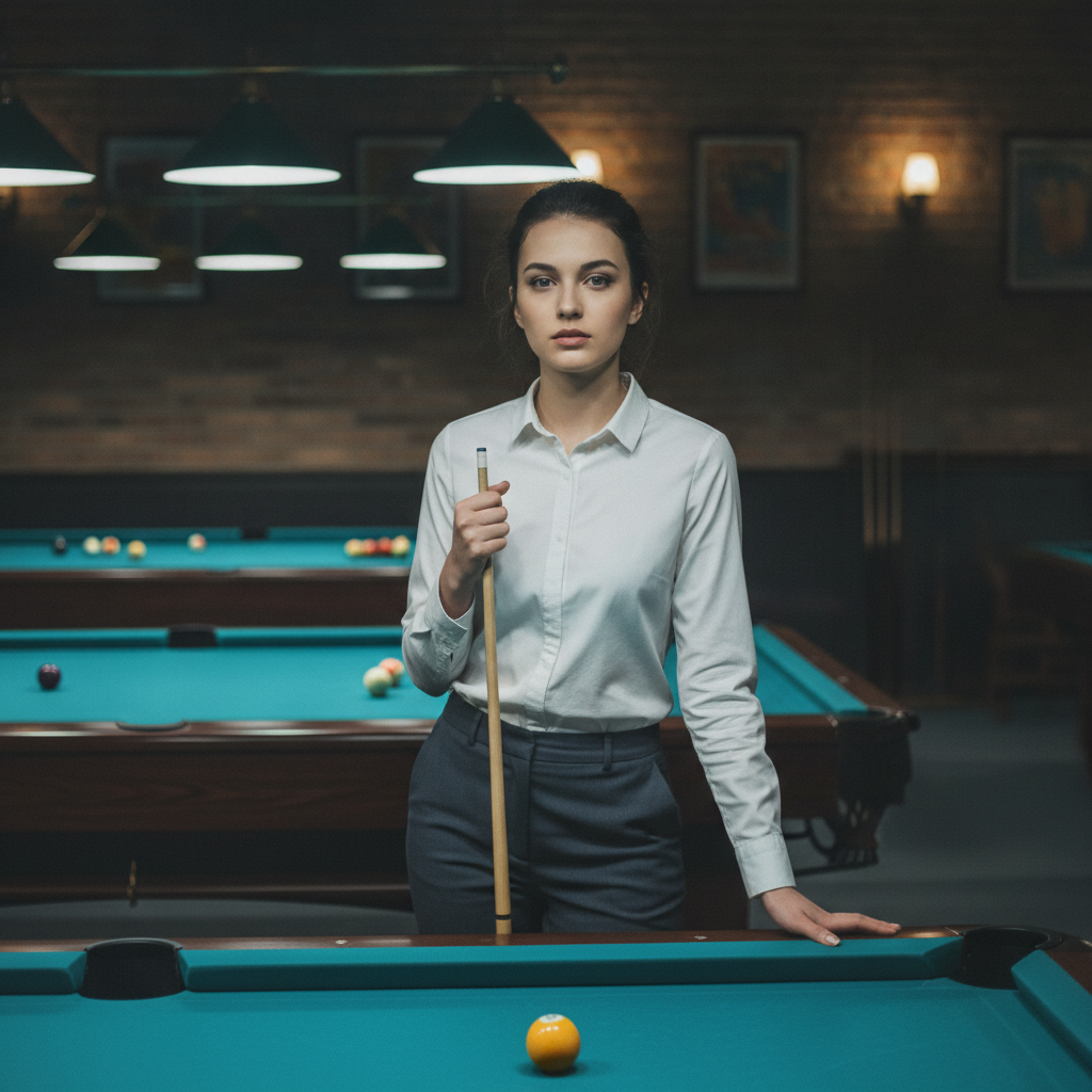 Elegant Woman Posing in a Billiards Hall with Pool Cue Prompt