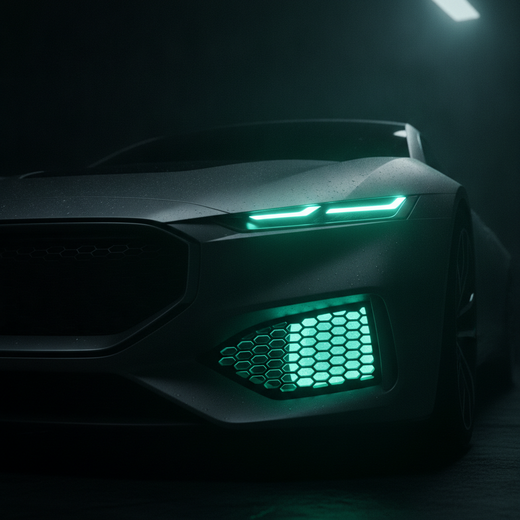 Futuristic Car with Glowing Green Lights in Dark Setting Prompt