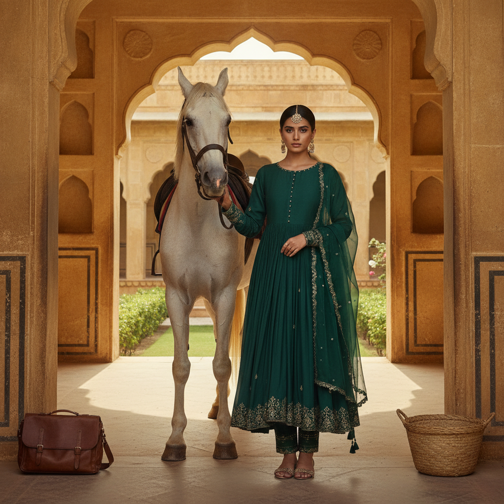 Woman in Green Traditional Attire with White Horse Prompt