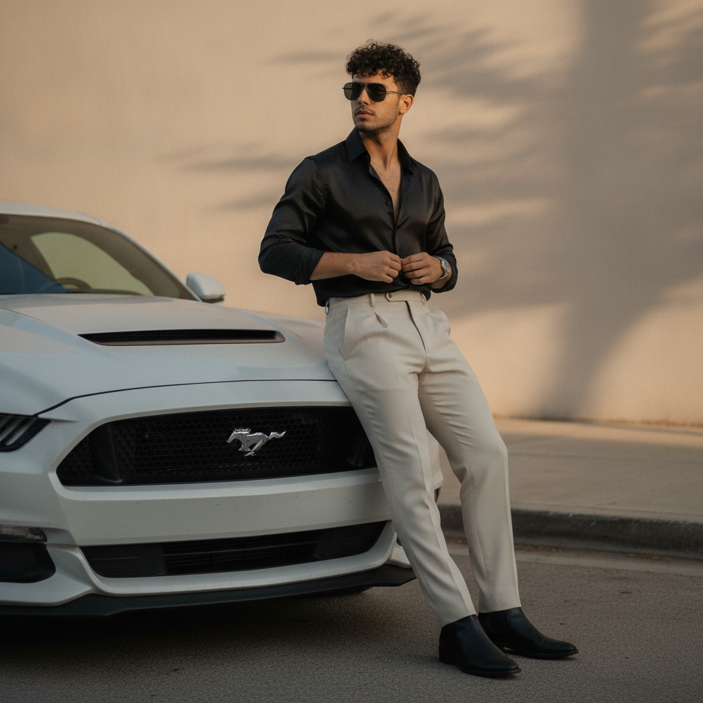 Stylish Man Posing with White Ford Mustang Prompt
