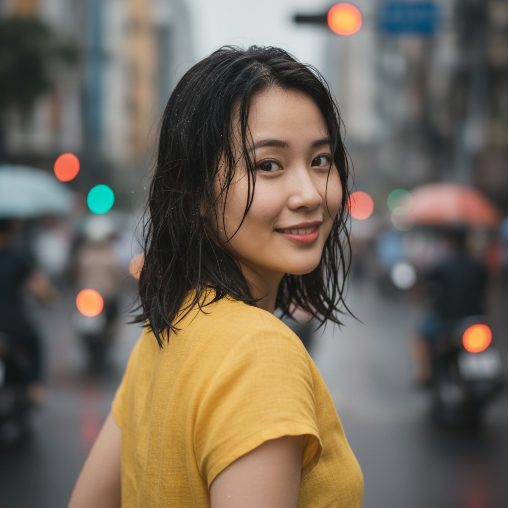 Vibrant Portrait Young Woman Wet City Street Prompt