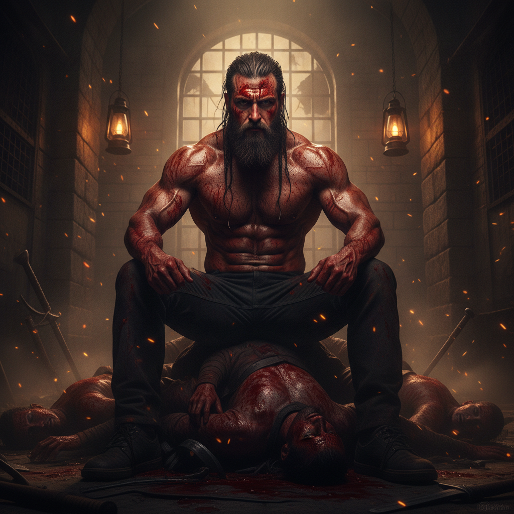 Bloodied Warrior Triumphs Over Fallen Foes Prompt