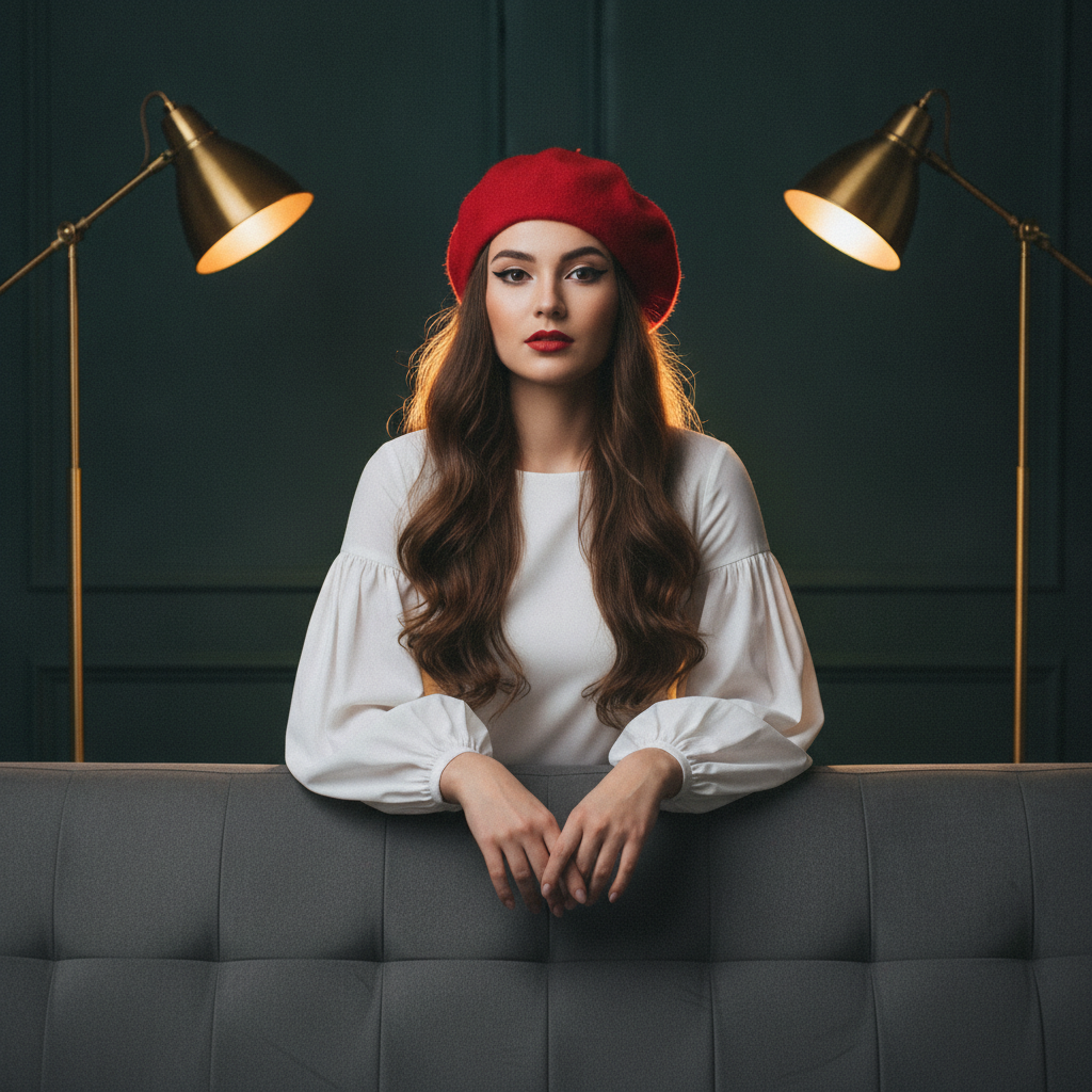Elegant Woman In Red Beret Posing With Dramatic Lighting Prompt
