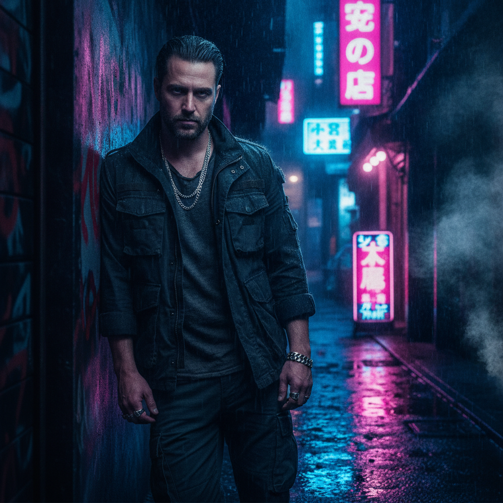Cyberpunk Portrait Man Neon Lit Alley Night Prompt